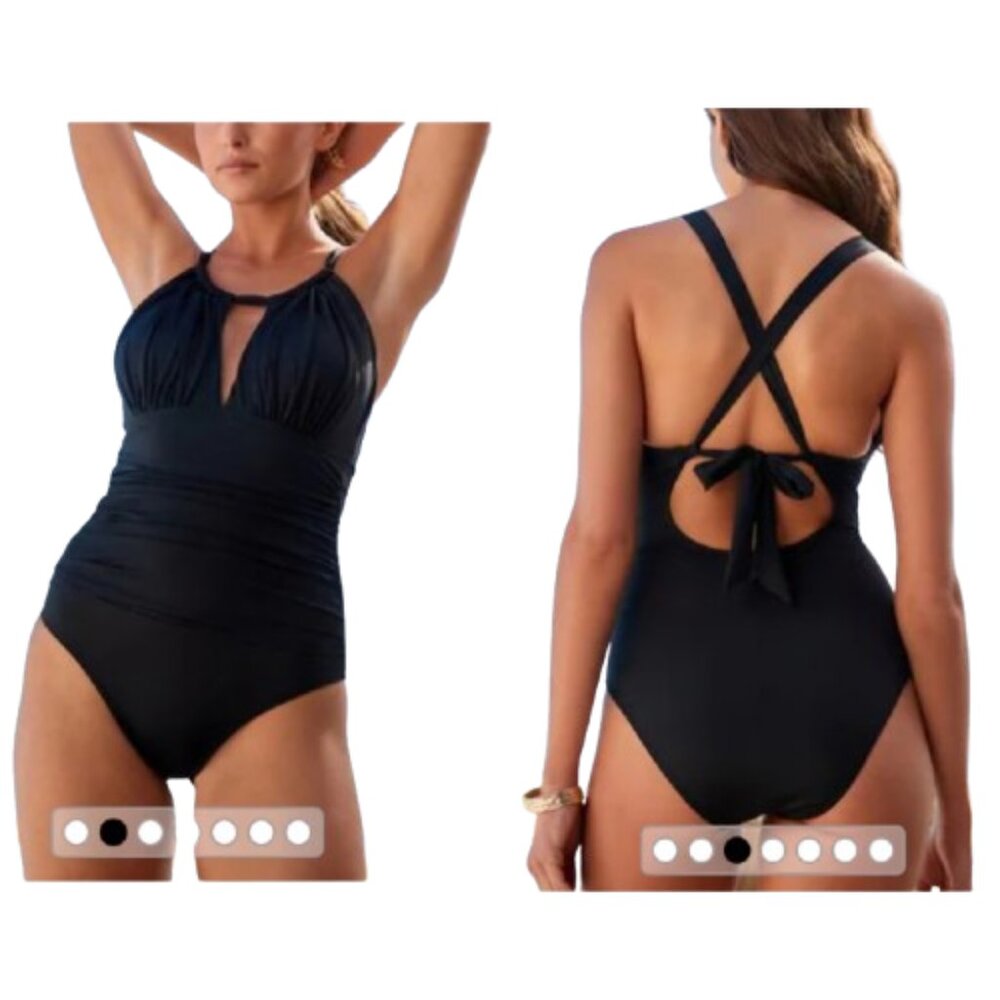 Kenneth Cole Black One-Piece Swimsuit Keyhole Halter Neck Criss-Cross Back